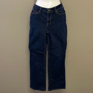 Eddie Bauer Dark Wash Curvy Bootcut 5-Pocket Tan Contrast Stitching Jeans-Size 8
